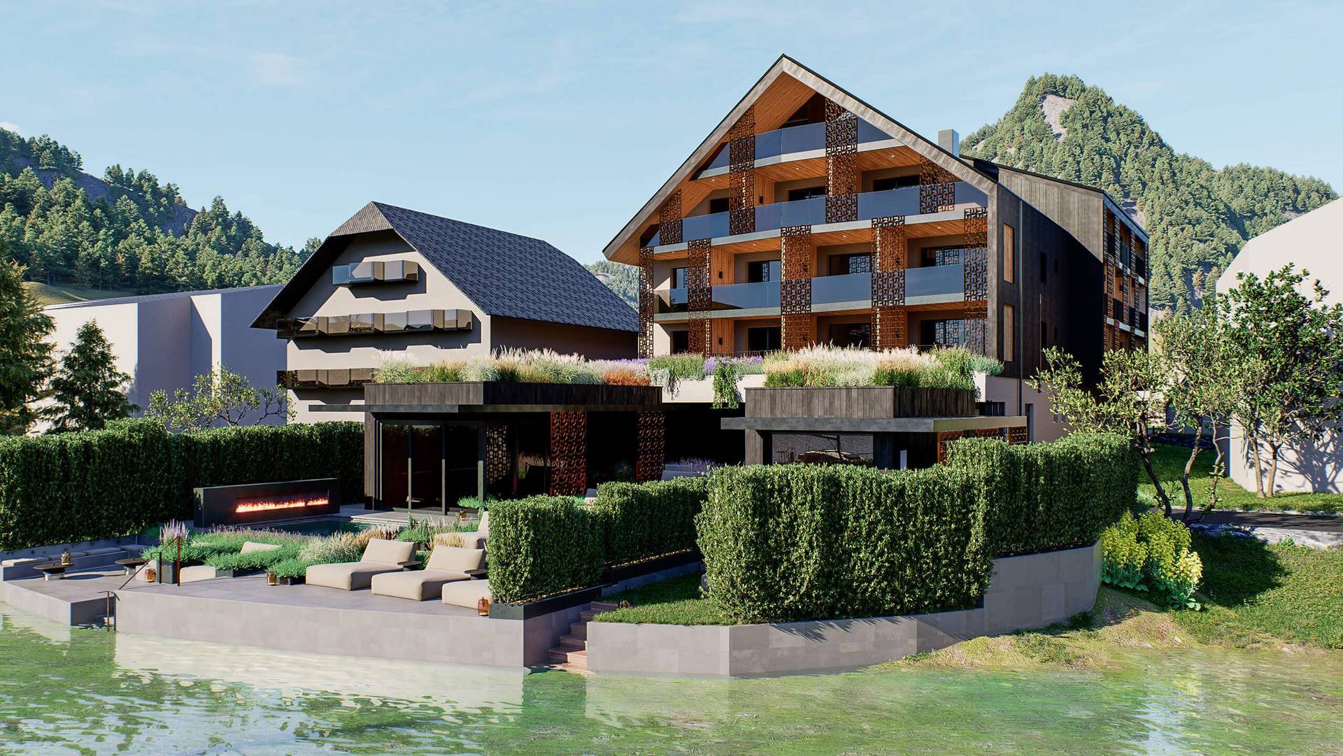 Luxushotel mit moderner Architektur, angelegten Gärten und Sitzgelegenheiten im Freien in der Nähe des Fuschlsees.