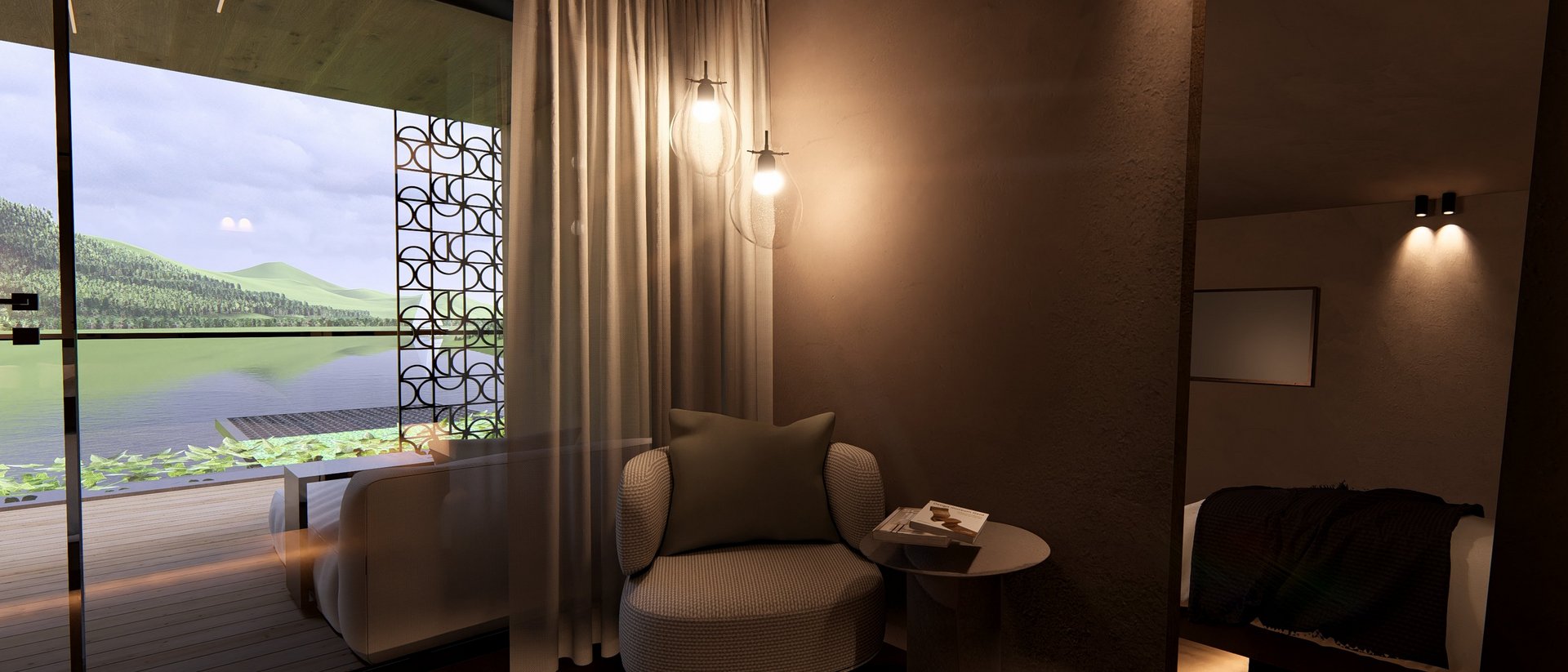 Modern hotel room with cozy seating area and lake view.