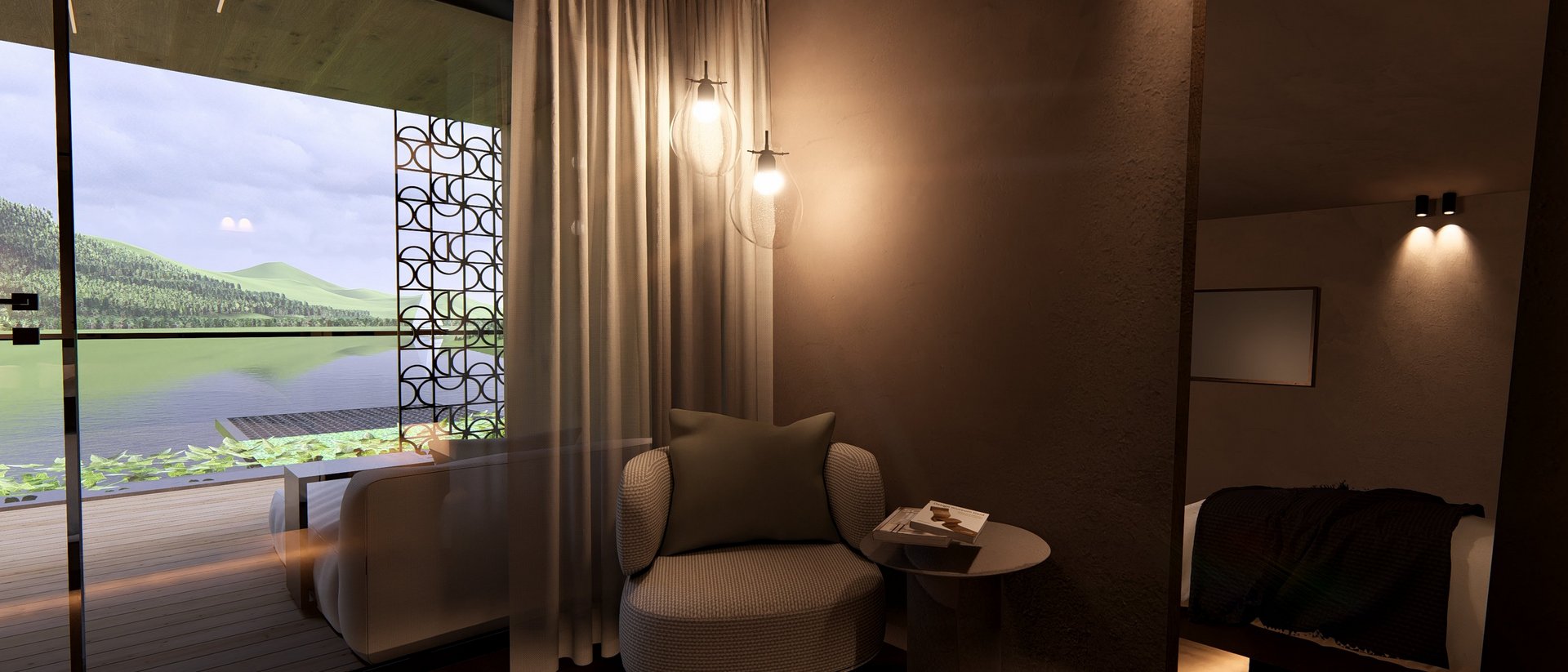 Modernes Hotelzimmer mit gemütlicher Sitzecke und Seeblick.