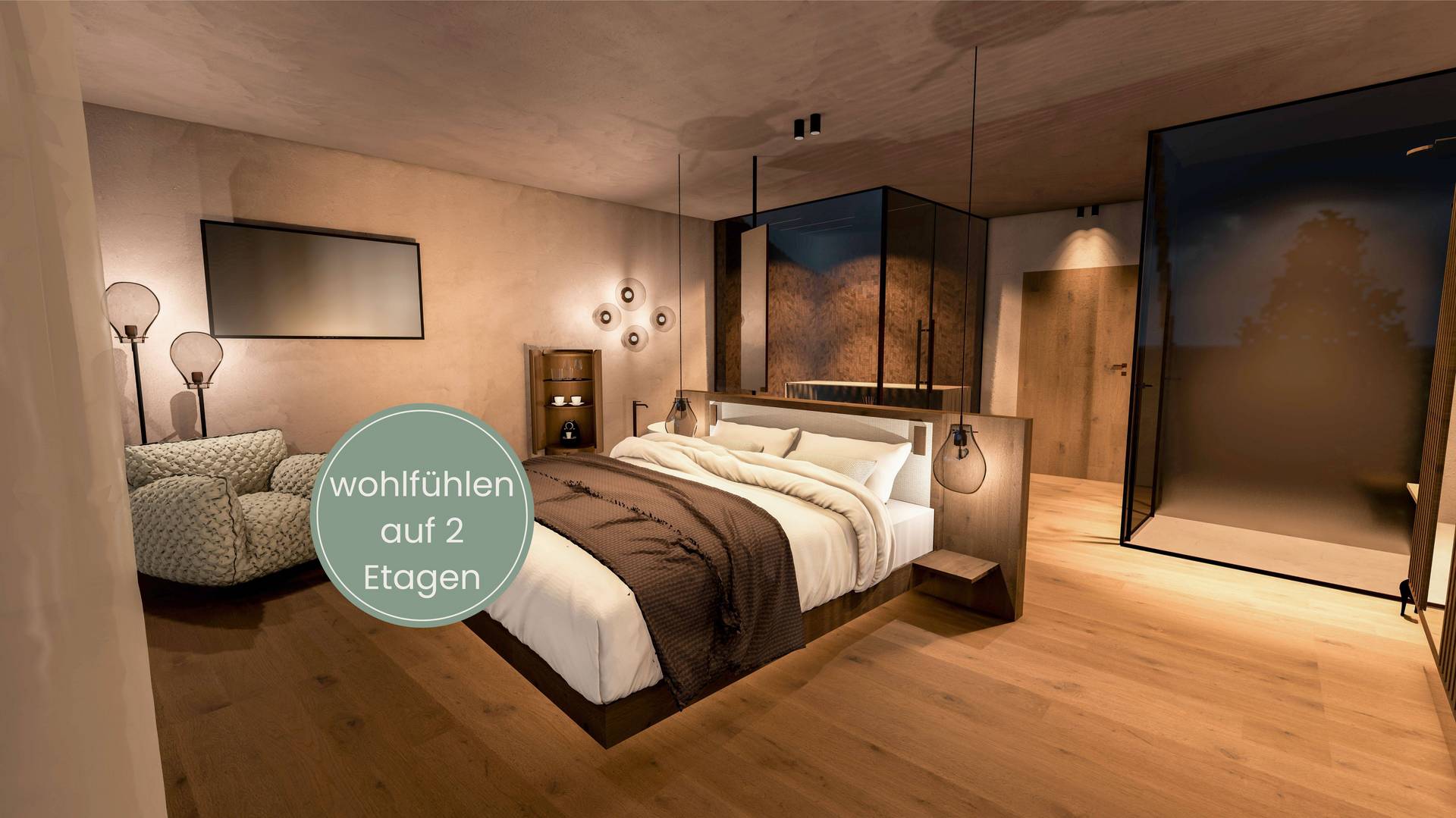 Modernes Hotelzimmer mit stilvollem Bett, zeitgenössischem Dekor und gemütlichem Ambiente.