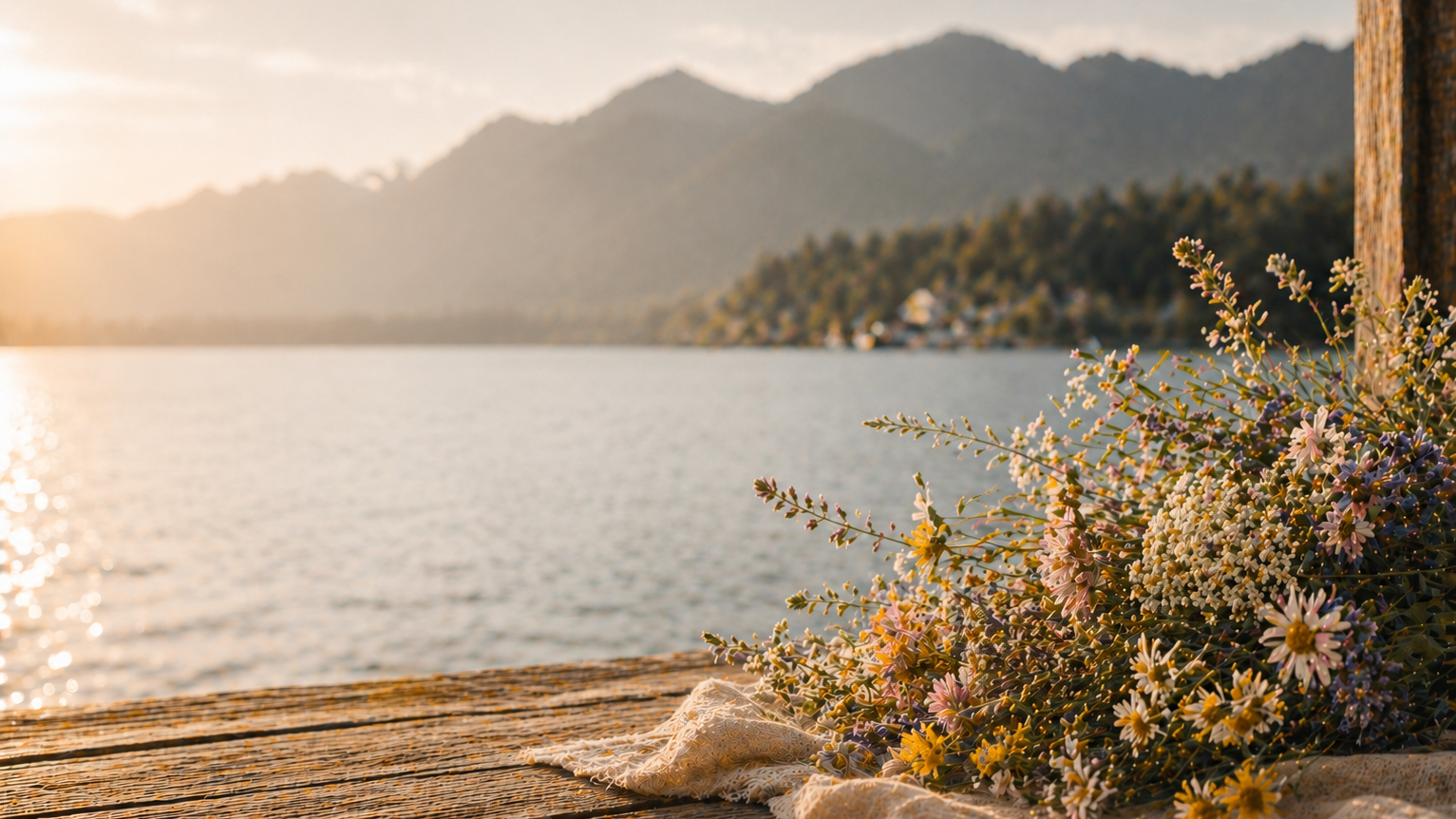 Bild vom See mit Blumen und Berge im Hintergrund.