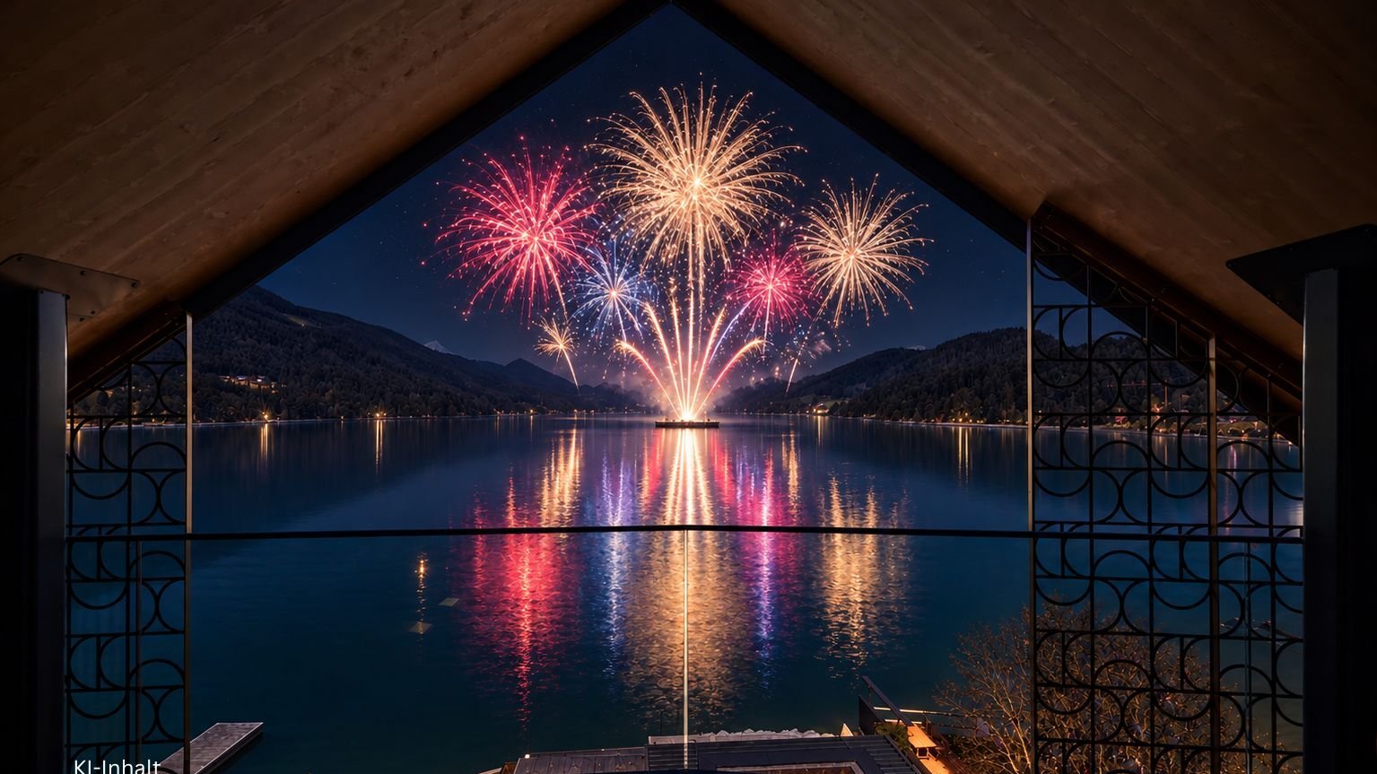 Feuerwerkszauber über dem See Bunte Feuerwerke erleuchten den Nachthimmel über einem ruhigen See, umgeben von Architektur.