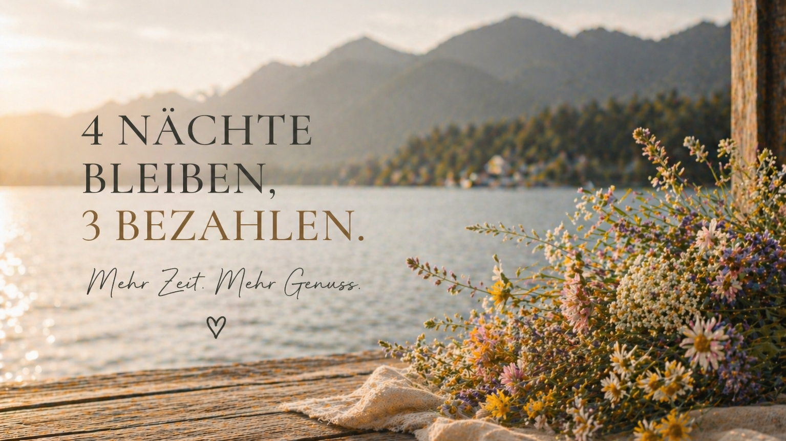 Picture of the lake with flowers and the caption: Stay 4 nights, pay for 3. More time, more enjoyment.
