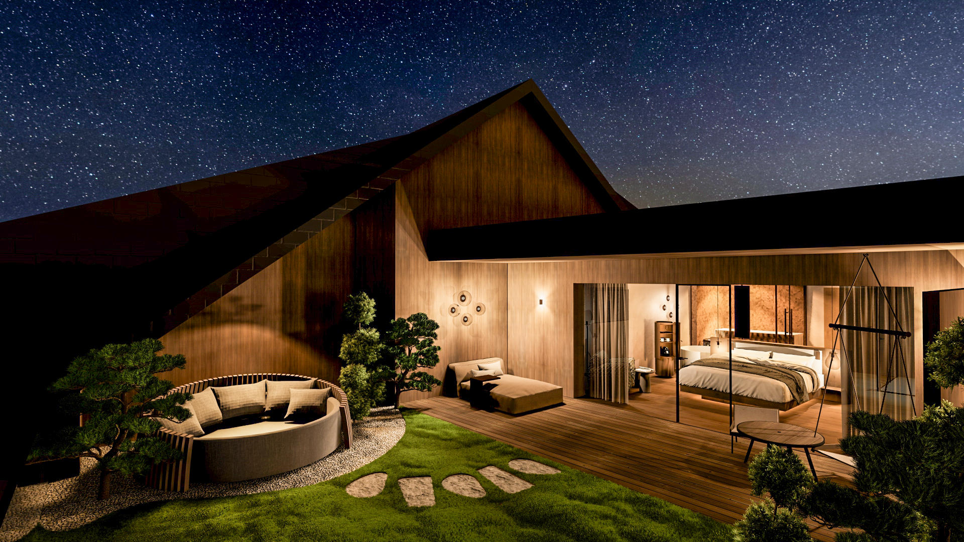 Luxushotelzimmer mit Außenterrasse unter dem Sternenhimmel Luxuriöses Hotelzimmer mit Außenterrasse und nächtlichem Sternenhimmel, ideal zum Entspannen im Vogl's Nest.